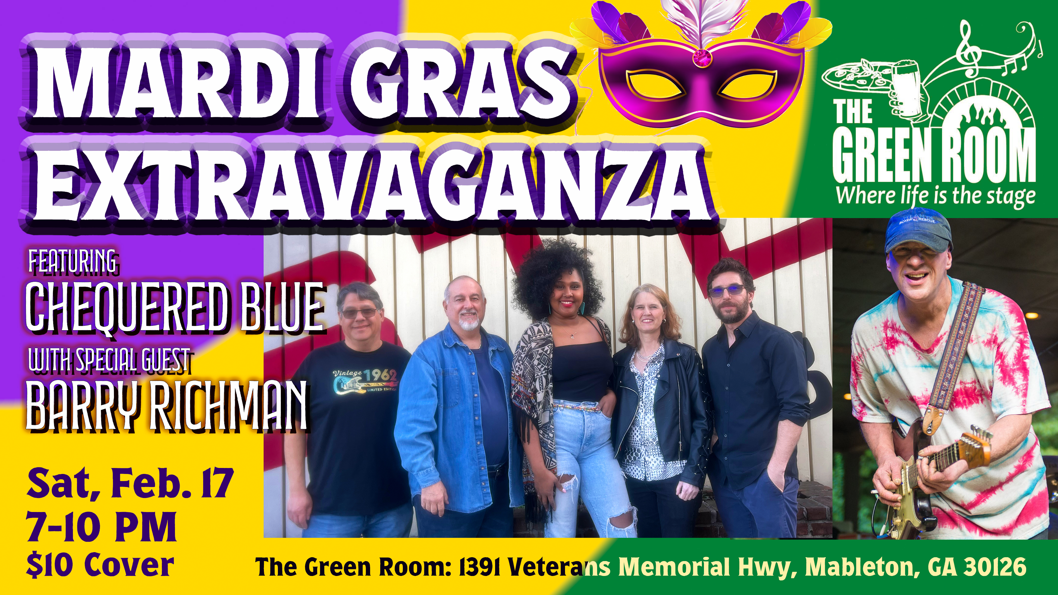 Mardi Gras Extravaganza featuring Chequered Blue with special guest Barry Richman. Sat. Feb 17, 2024 at The Green Room of Mableton